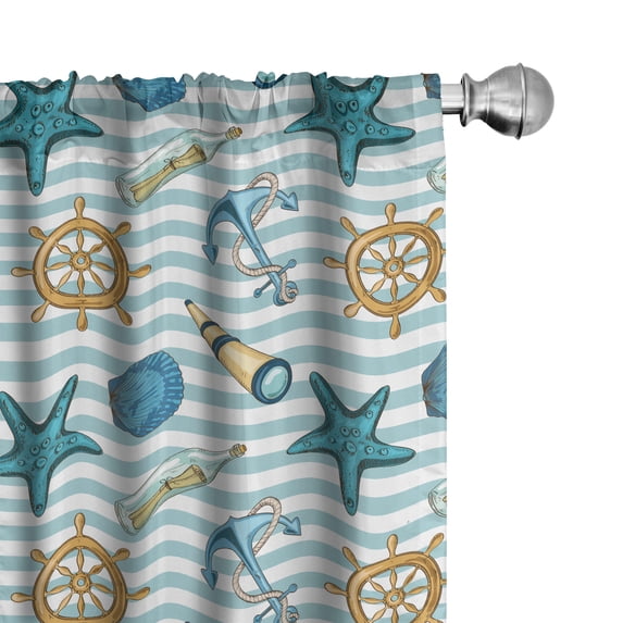 Ambesonne Nautical Curtains, Anchor Wheel Starfish, Pair of 28"x63", Blue and Apricot