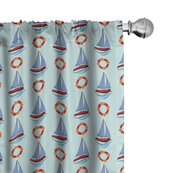 Ambesonne Nautical Curtains, Sailboats and Lifebuoys, Pair of 28"x95", Dark Orange Azure Blue