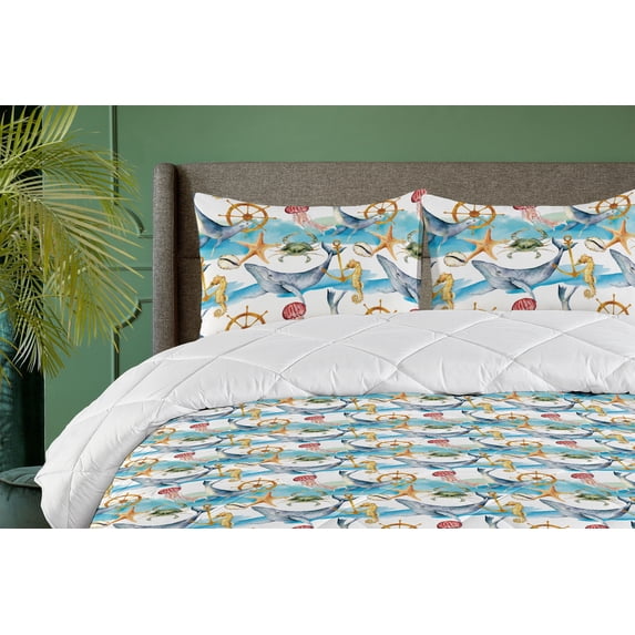 Ambesonne Nautical Down Alternative Quilt Comforter, Ocean Whale Starfish Art, King, Burnt Sienna Sea Blue
