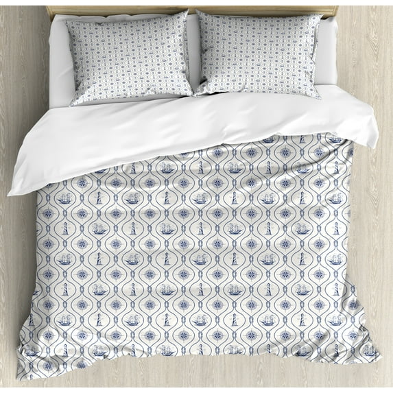Ambesonne Nautical Duvet Cover Set, Anchor Ship and Boat, 2-Calking, Indigo Eggshell