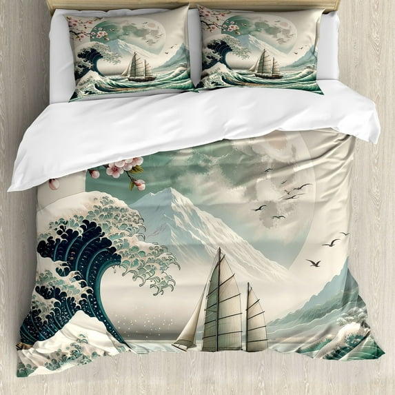 Ambesonne Nautical Duvet Cover Set, Asian Wave Cherry Blossom, Calking, Seafoam Coconut Pink