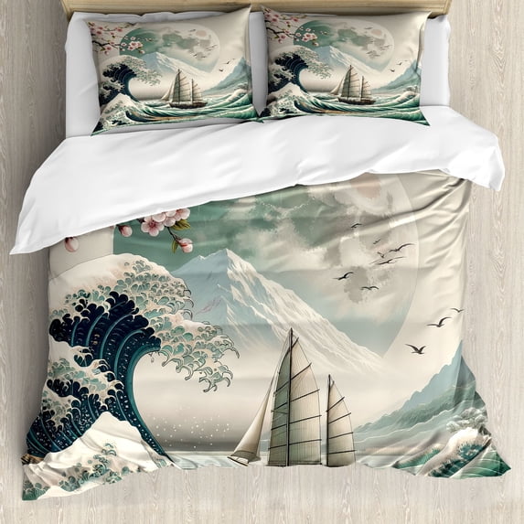 Ambesonne Nautical Duvet Cover Set, Asian Wave Cherry Blossom, Queen, Seafoam Coconut Pink