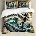thumbnail image 1 of Ambesonne Nautical Duvet Cover Set, Cottage Anchor Whale Waves, King, Brown and Slate Blue, 1 of 6