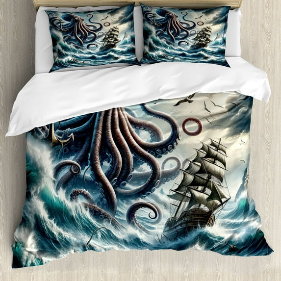 Ambesonne Nautical Duvet Cover Set, Fantasy Sea World Kraken, King, Teal Mauve