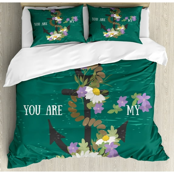 Ambesonne Nautical Duvet Cover Set, Flower Leaf Covered Anchor, 2-Calking, Forest Green Multicolor