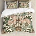 thumbnail image 1 of Ambesonne Nautical Duvet Cover Set, Folk Art Style Marine Look, Calking, Blush Cadet Blue and Ecru, 1 of 6