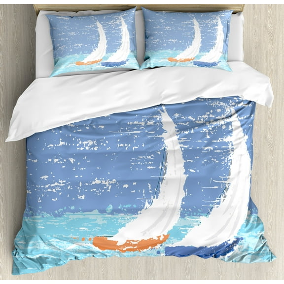 Ambesonne Nautical Duvet Cover Set, Grunge Sailboats Ocean, Queen, Pale Blue