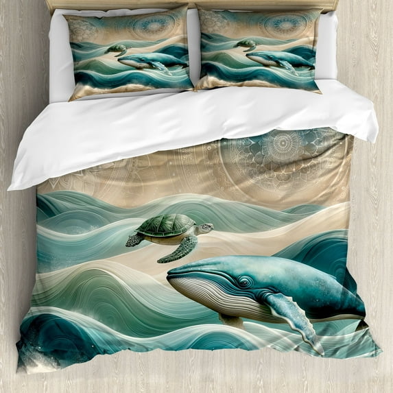 Ambesonne Nautical Duvet Cover Set, Mandala Whale and Turtle, Calking, Teal Ecru Blue