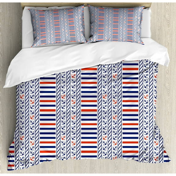 Ambesonne Nautical Duvet Cover Set, Marine Pattern Stripes, Calking, Night Blue Orange