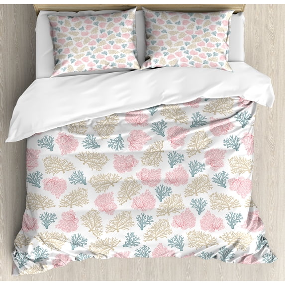 Ambesonne Nautical Duvet Cover Set, Ocean Coral Reef Marine, Queen, Tan Rose Slate Blue