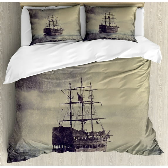 Ambesonne Nautical Duvet Cover Set, Old Pirate Ship in Sea, Calking, Plum Tan
