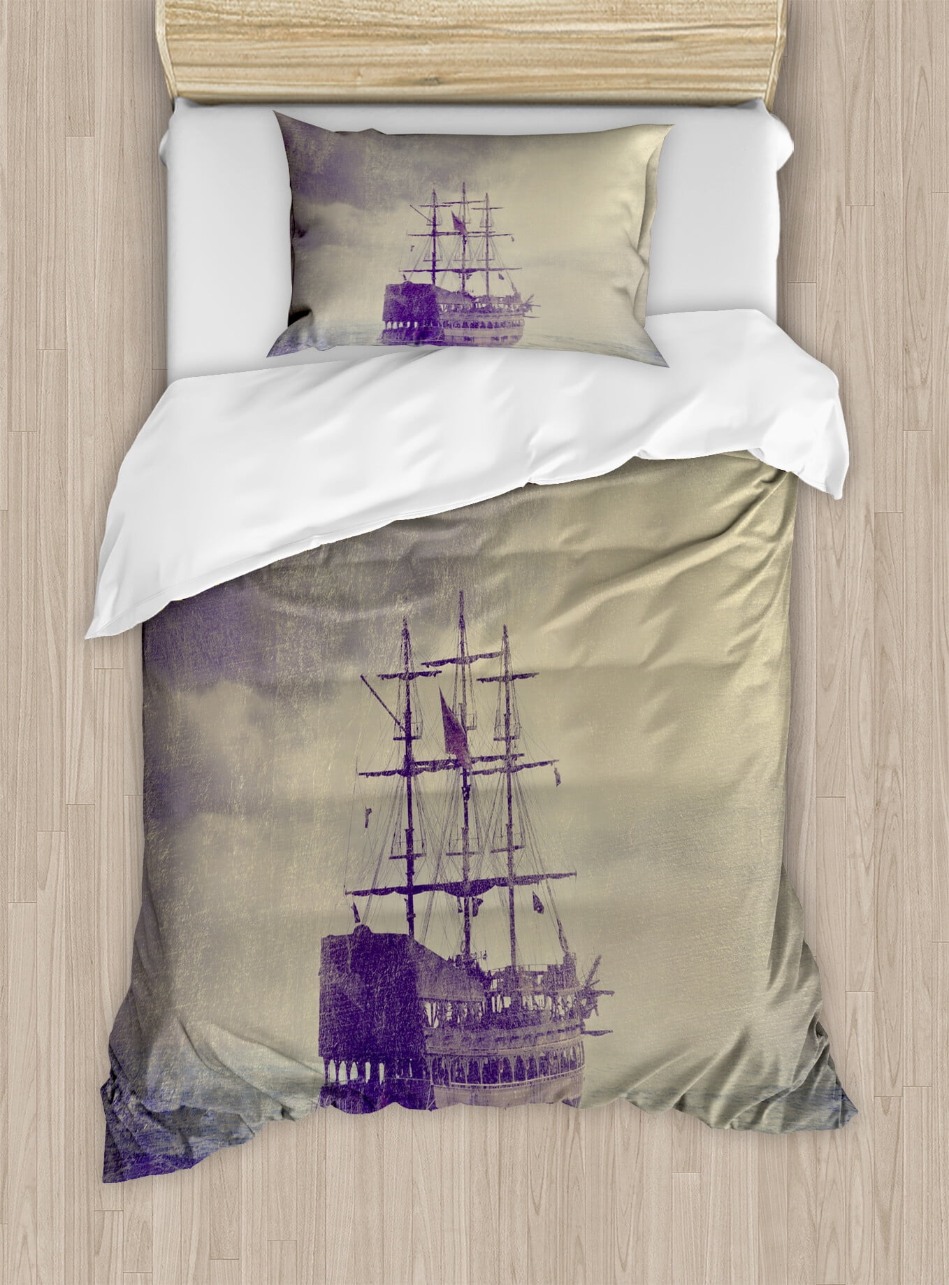 Twin Plum Tan Nautical Pirate Ship Duvet Cover Set