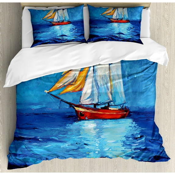 Ambesonne Nautical Duvet Cover Set, Sail Boat Art Picture, 2-Calking, Navy Blue and Blue
