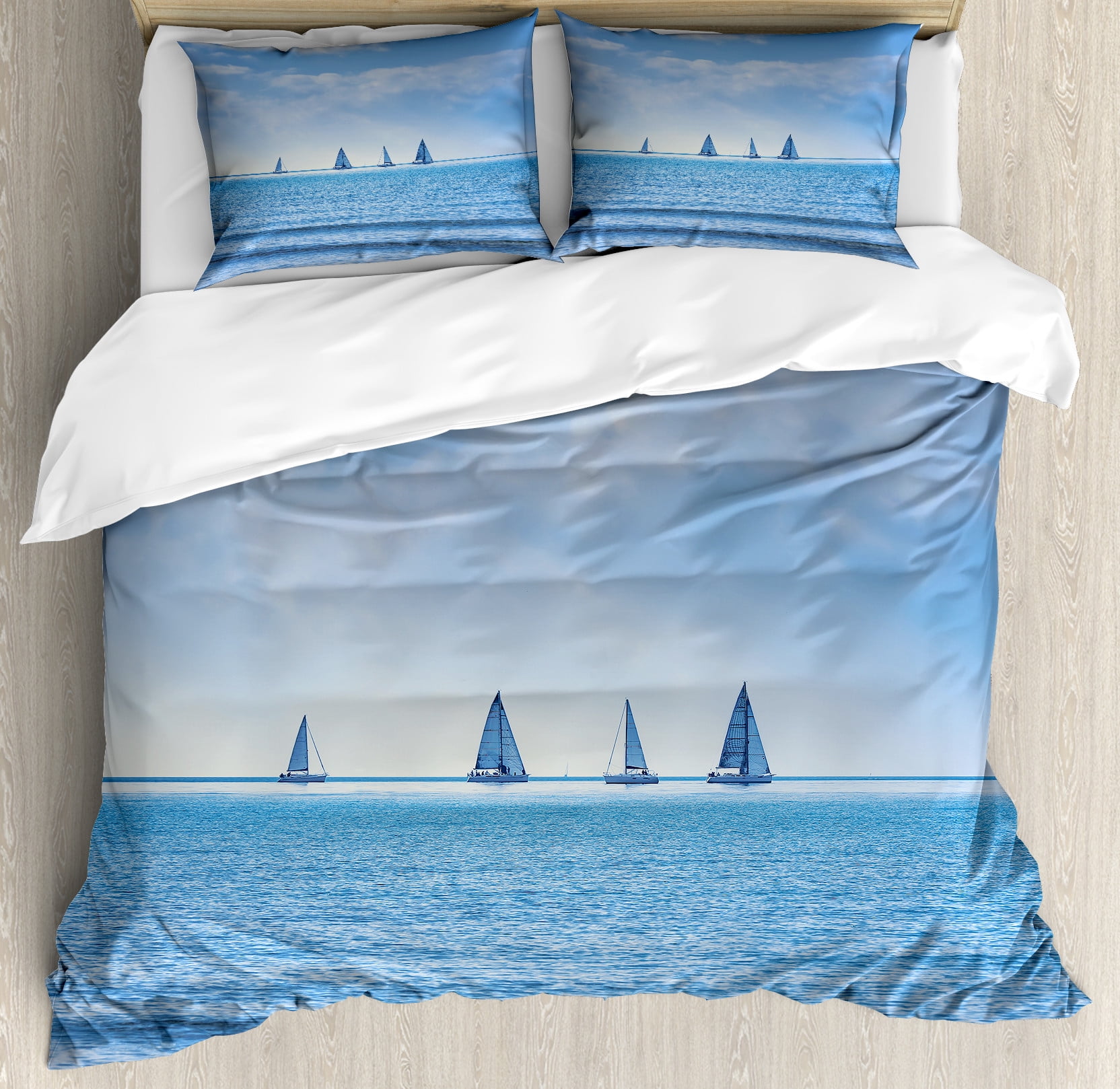 Pale Blue Nautical Sailing Boat Queen Duvet Cover Set