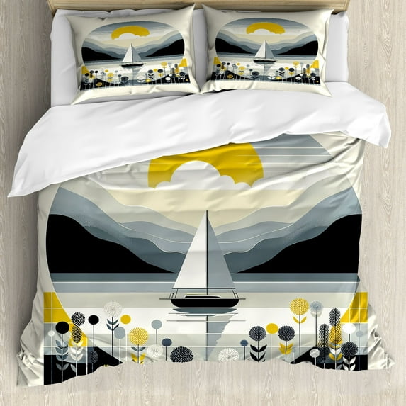 Ambesonne Nautical Duvet Cover Set, Scandinavian Sailboat Sea, King, Blue Grey and Earth Yellow