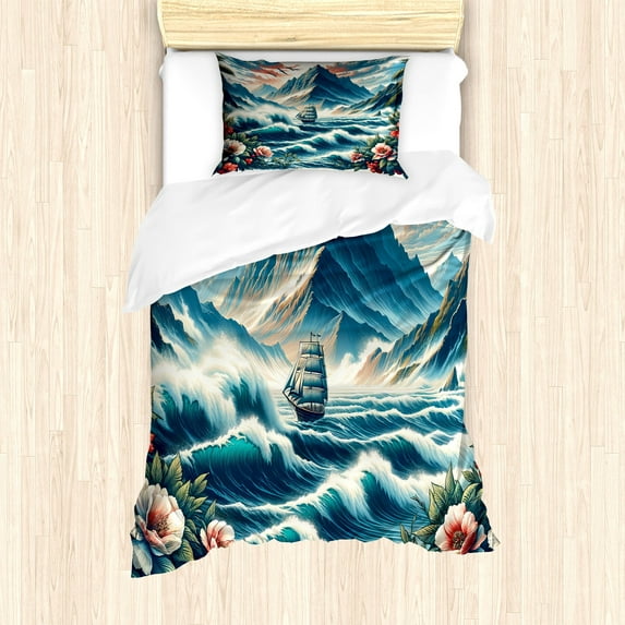 Ambesonne Nautical Duvet Cover Set, Seascape Waves Mountains, Twin, Sea Blue and Dark Coral