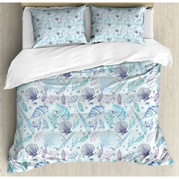 Ambesonne Nautical Duvet Cover Set, Seashells Bubble Ocean, 2-Calking, Indigo Pale Blue Purple