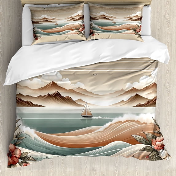 Ambesonne Nautical Duvet Cover Set, Serene Horizon Sailboat, Calking, Tan Sepia and Pale Seafoam