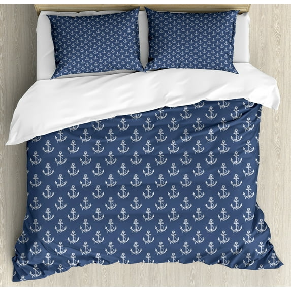 Ambesonne Nautical Duvet Cover Set, Striped Anchor Silhouettes, 2-Calking, Slate Blue and Off White