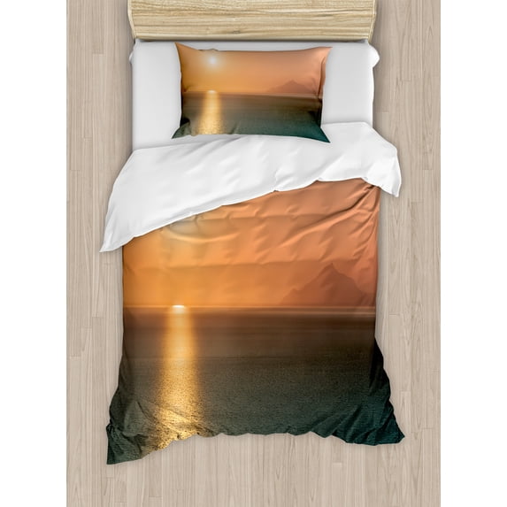Ambesonne Nautical Duvet Cover Set, Sunrise over Ocean, Twin, Orange Blue