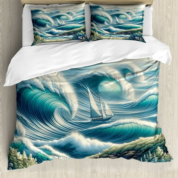 Ambesonne Nautical Duvet Cover Set, Swirling Huge Waves Boat, King, Reseda Green Teal and Blue