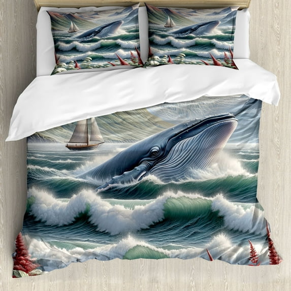 Ambesonne Nautical Duvet Cover Set, Whale Mountains and Boat, Queen, Sea Green Blue and Ruby