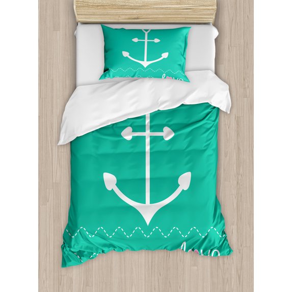 Ambesonne Nautical Duvet Cover Sets, Anchor Heart Shapes, 2-Twin, Green Pink White