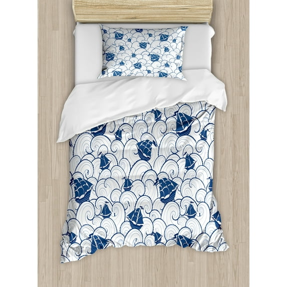 Ambesonne Nautical Duvet Cover Sets, Boat on Ocean Journey, 2-Twin, Blue and White