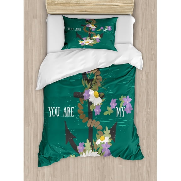 Ambesonne Nautical Duvet Cover Sets, Flower Leaf Covered Anchor, 2-Twin, Forest Green Multicolor