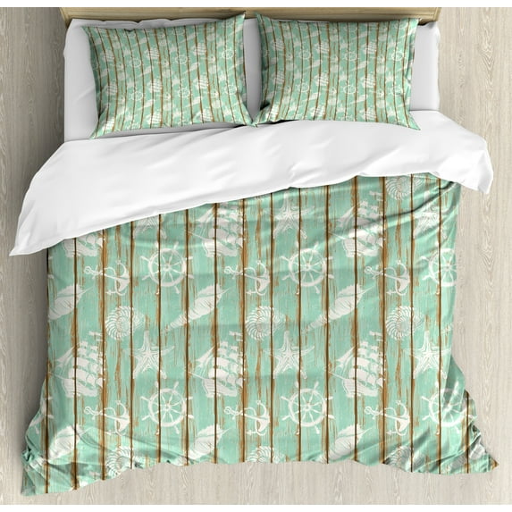 Ambesonne Nautical Duvet Cover Sets, Mint Seashell Sailing, 2-King, Mint Green