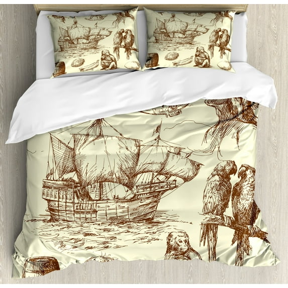 Ambesonne Nautical Duvet Cover Sets, Old Merchant Ship, 2-Queen, Pale Yellow Brown