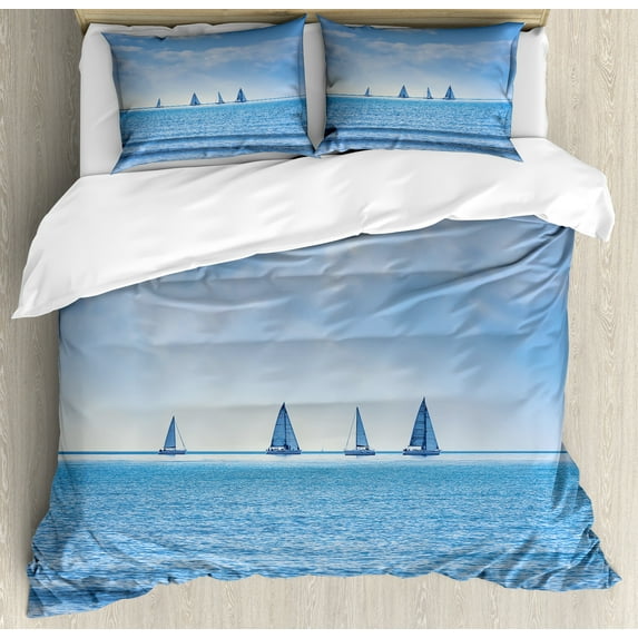 Ambesonne Nautical Duvet Cover Sets, Sailing Boat on Ocean, 2-King, Pale Blue