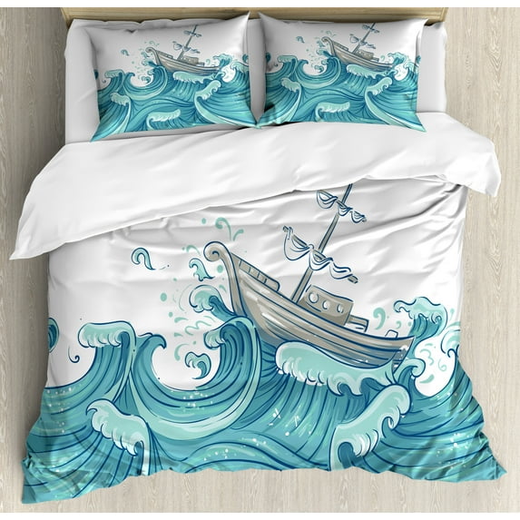 Ambesonne Nautical Duvet Cover Sets, Ship and Ocean Waves, 2-Queen, Aqua Taupe