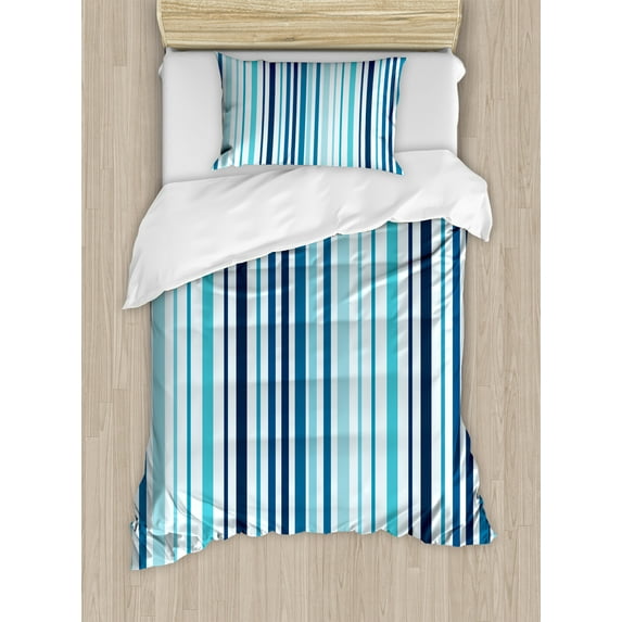 Ambesonne Nautical Duvet Cover Sets, Striped Pastel Toned, 2-Twin, Sky and Dark Blue
