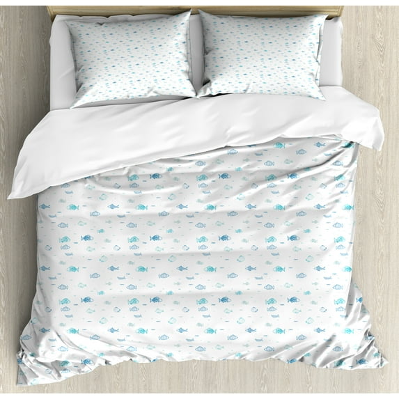 Ambesonne Nautical Duvet Cover Sets, Style Fish Motifs, 2-King, Sky Blue White