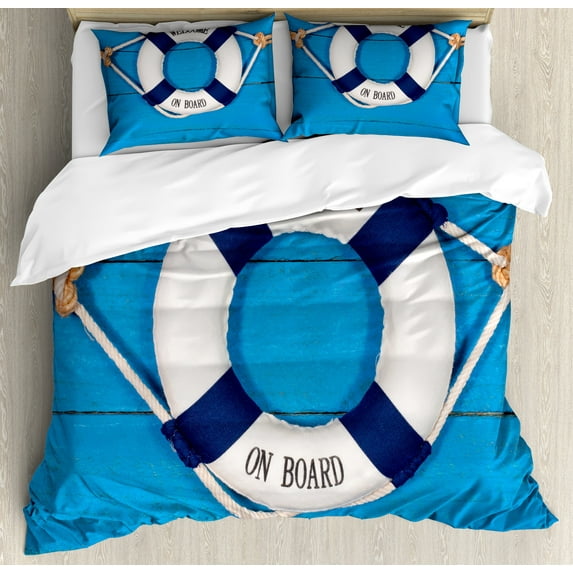 Ambesonne Nautical Duvet Cover Sets, Welcome on Board Sign, 2-King, Blue Navy Blue White