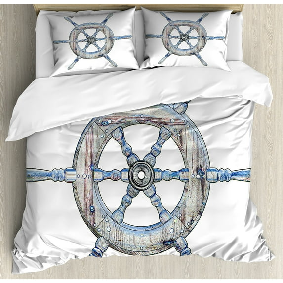 Ambesonne Nautical Duvet Cover Sets, Wooden Ship Wheel, 2-Queen, Blue White