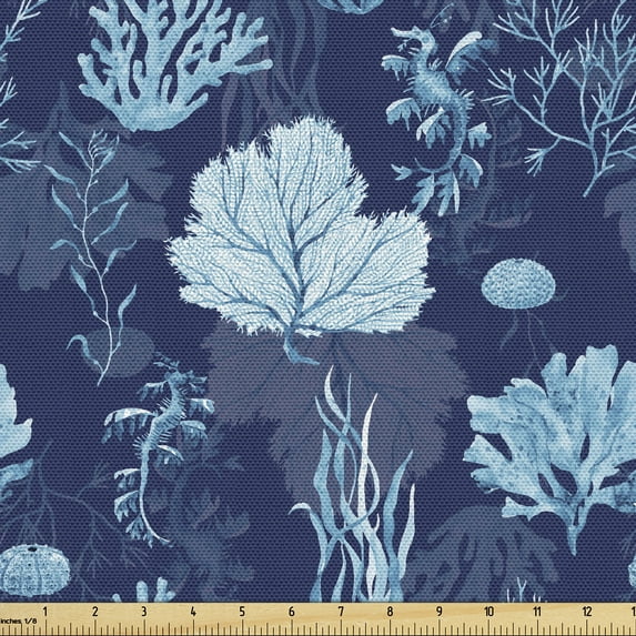 Ambesonne Nautical Fabric by the Yard Upholstery, Cartoon Coral Seaweed Art, 5 Yards, Dark Lavender and Sea Blue