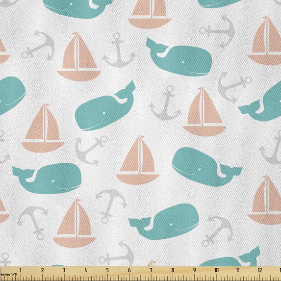 Ambesonne Nautical Fabric by the Yard Microfiber, Boats Anchors and Whales, 5 Yards, Turquoise Peach
