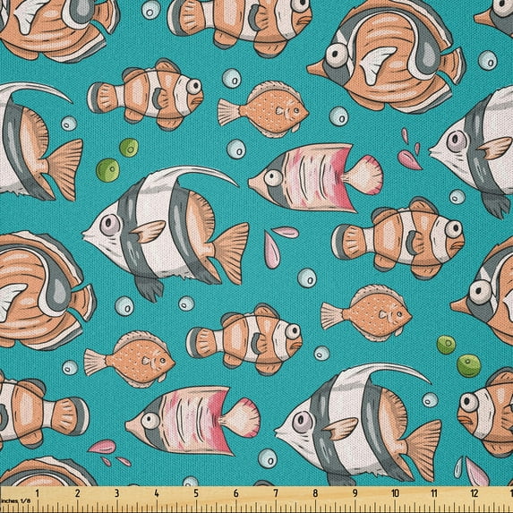 Ambesonne Nautical Fabric by the Yard Microfiber, Cartoon Angel Clown Fish, 3 Yards, Dark Seafoam and Salmon