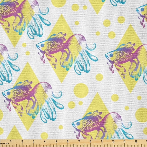 Ambesonne Nautical Fabric by the Yard Microfiber, Colorful Fish and Circles, 5 Yards, Pale Fuchsia Pink and Yellow