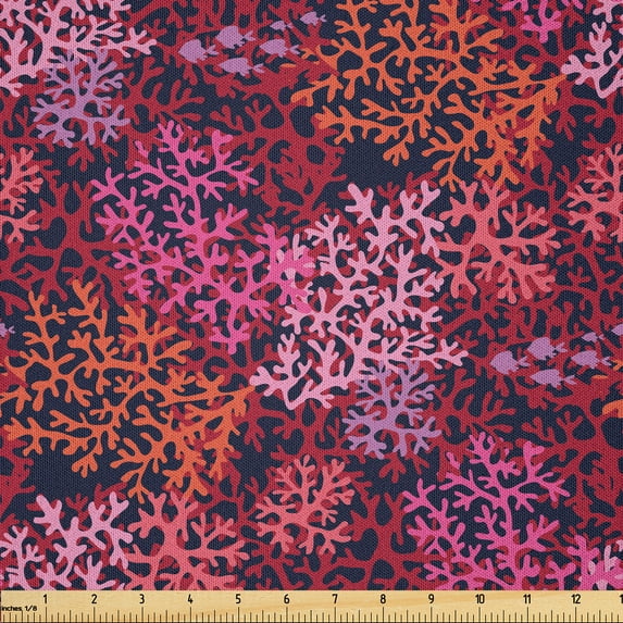 Ambesonne Nautical Fabric by the Yard Microfiber, Colorful Sea Corals Art, 5 Yards, Raspberry and Dark Salmon