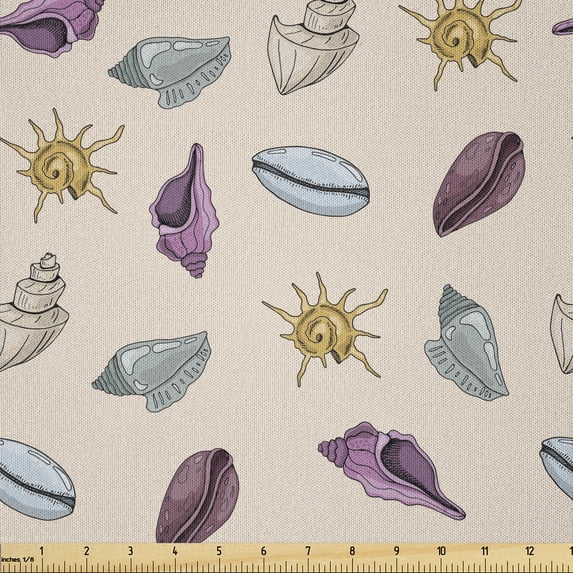 Ambesonne Nautical Fabric by the Yard Microfiber, Colorful Seashells Pattern, 1 Yard, Pale Eggshell and Multicolor