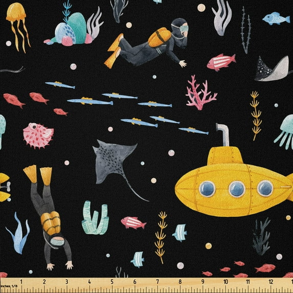 Ambesonne Nautical Fabric by the Yard Microfiber, Diver Submarine Coral Art, 10 Yards, Dark Violet Blue and Orange