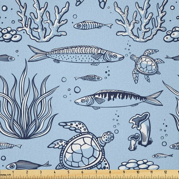 Ambesonne Nautical Fabric by the Yard Microfiber, Fish Coral Seaweed Art, 3 Yards, Pale Sky Blue White and Grey