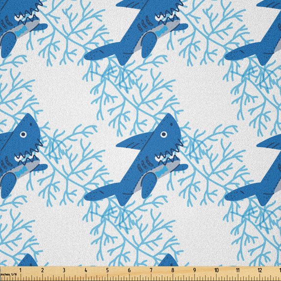 Ambesonne Nautical Fabric by the Yard Microfiber, Little Funny Sharks Art, 2 Yards, Cobalt Blue White and Grey