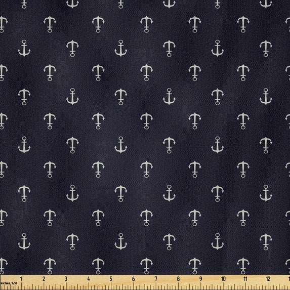 Ambesonne Nautical Fabric by the Yard Microfiber, Minimalist Anchors Pattern, 10 Yards, Dark Indigo Khaki