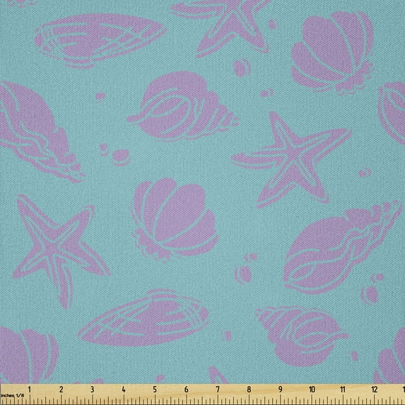 Ambesonne Nautical Fabric by the Yard Microfiber, Seashells in Pastel Tones, 1 Yard, Pale Lilac Seafoam