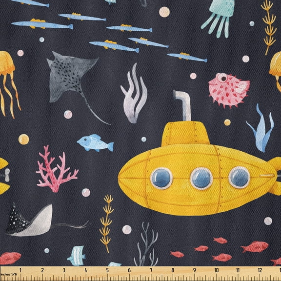 Ambesonne Nautical Fabric by the Yard Microfiber, Submarine Fish Seaweeds, 1 Yard, Dark Blue Grey Orange
