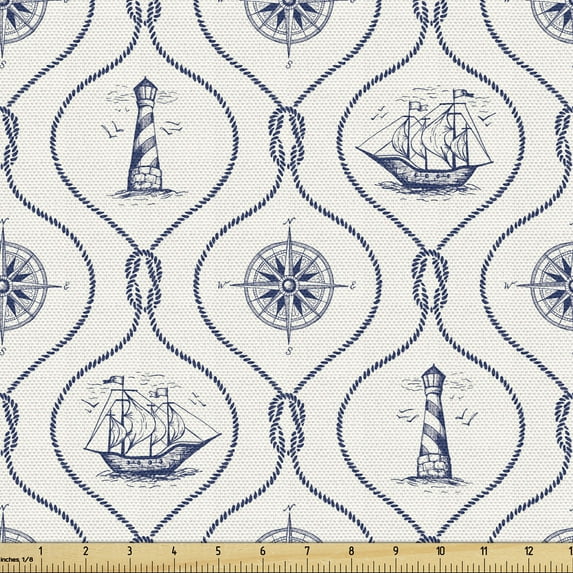 Ambesonne Nautical Fabric by the Yard Upholstery, Anchor Ship and Boat, 3 Yards, Indigo Eggshell